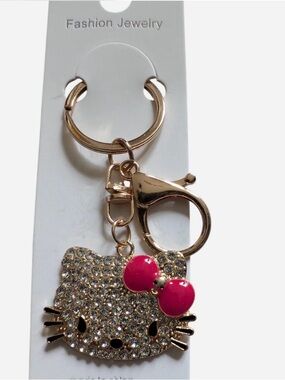 Crystal Hello Kitty Style Gold Keychain with Pink Bow
